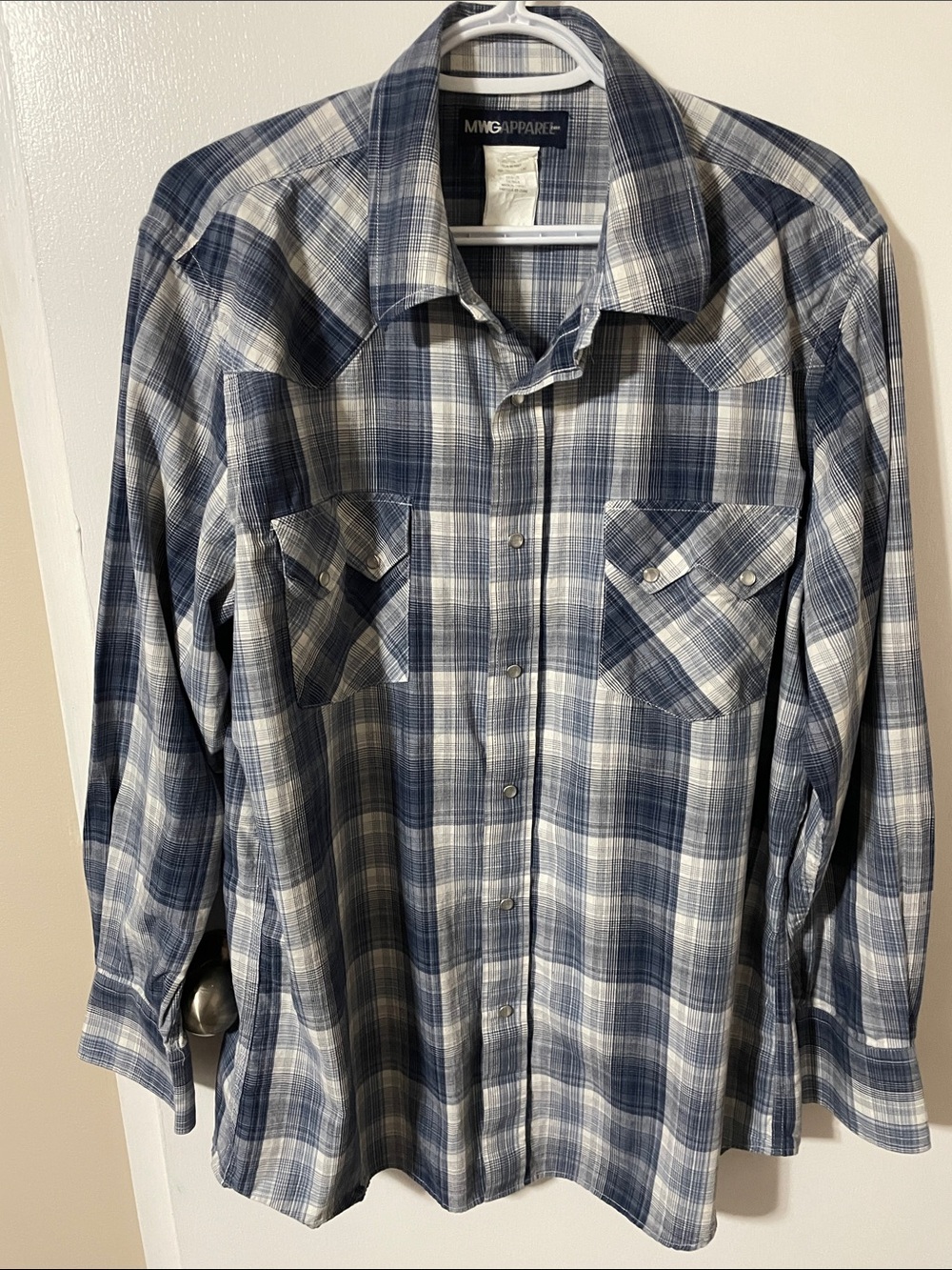 MWG Apparel Blue Plaid Pearl Snap Western Shirt XLarge